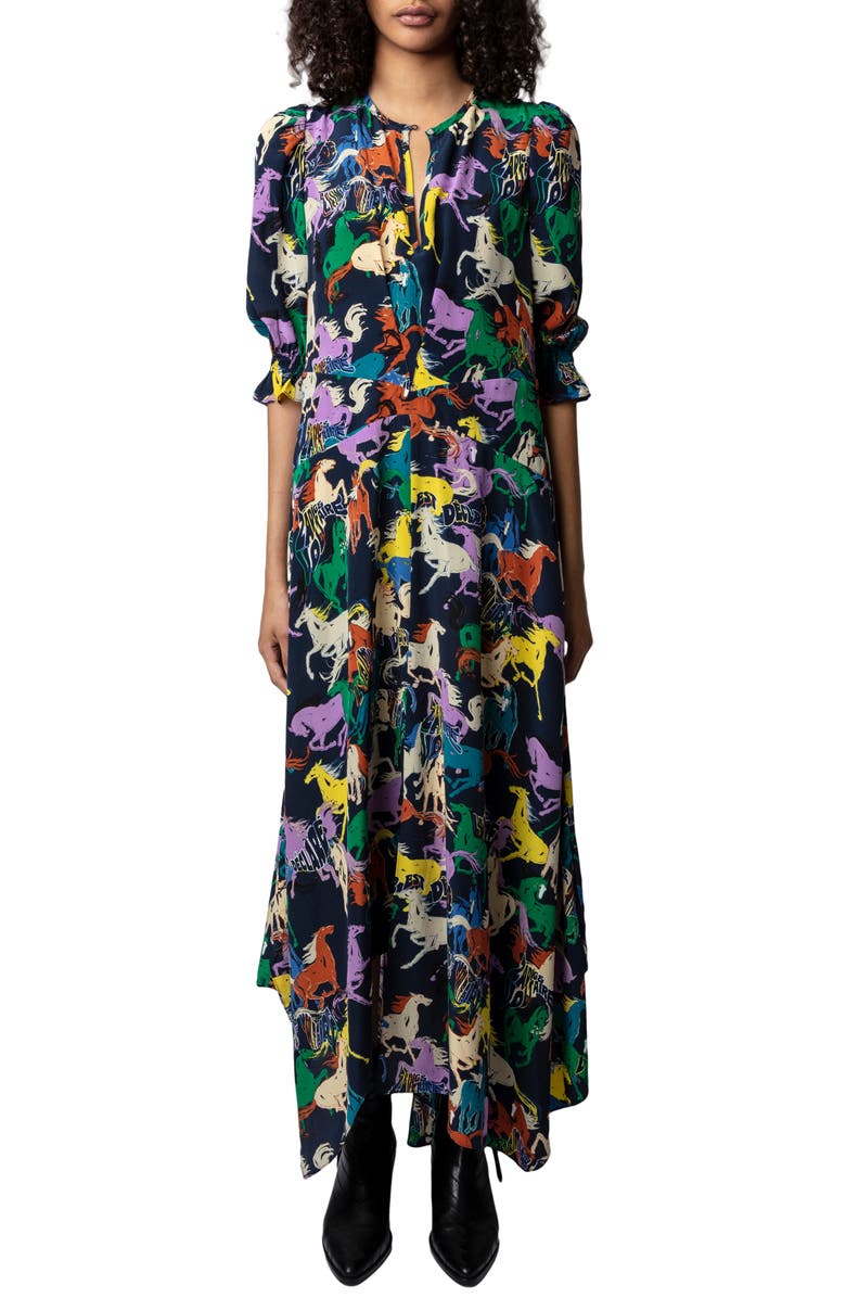Zadig & Voltaire Ranage Horse Print Silk Crêpe de Chine Maxi Dress, Main, color, Blueberry