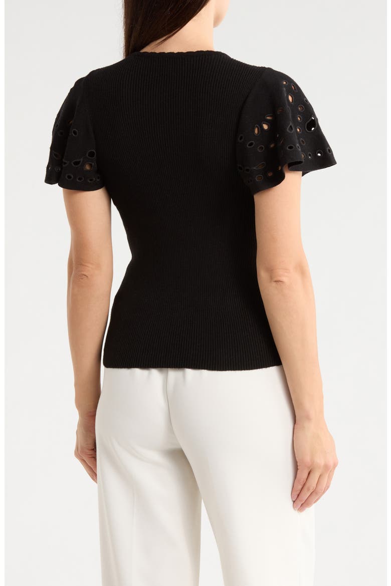 Embroidered Eyelet Short Sleeve Sweater, Alternate, color, BLACK