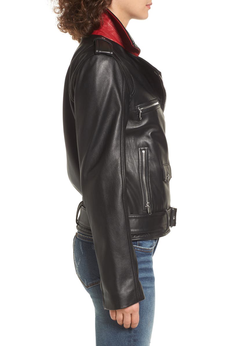 Sam Edelman Contrast Trim Leather Moto Jacket, Alternate, color, Black
