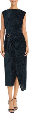 Maggy London Cap Sleeve Asymmetric Burnout Velvet Midi Dress