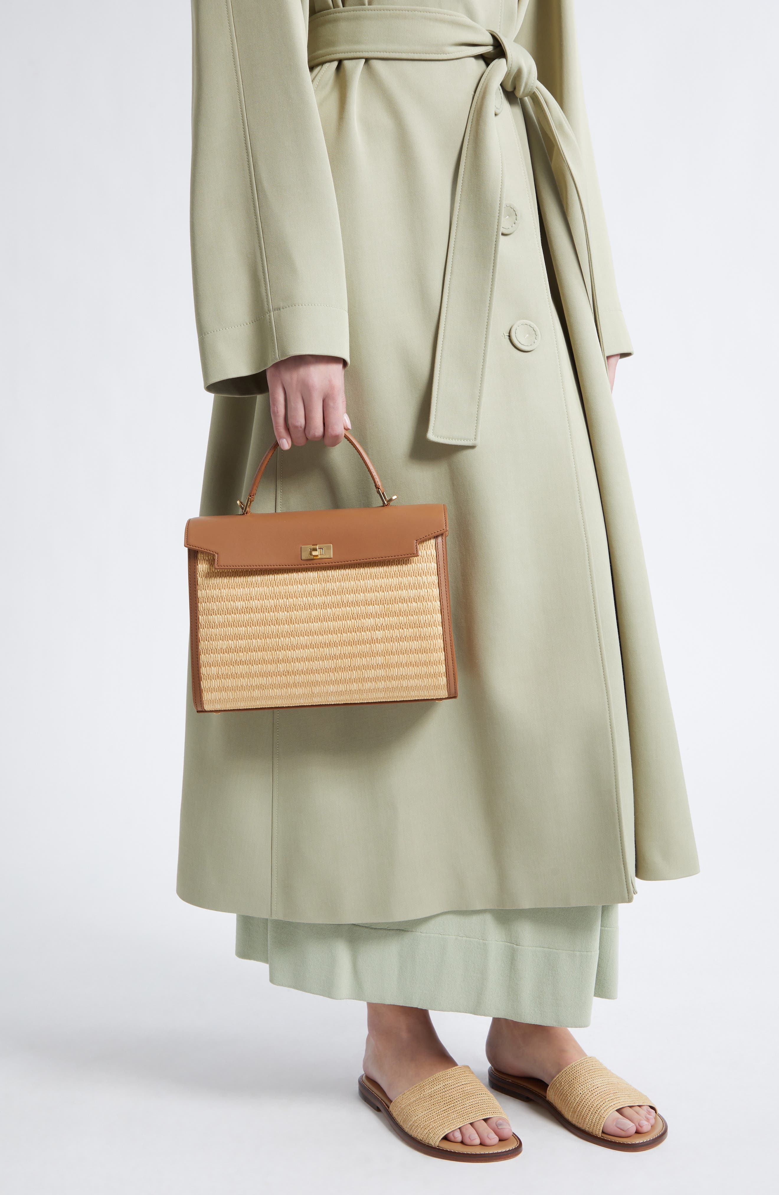 Anya Hindmarch Mortimer Leather & Raffia Top Handle Bag, Alternate, color, Pecan