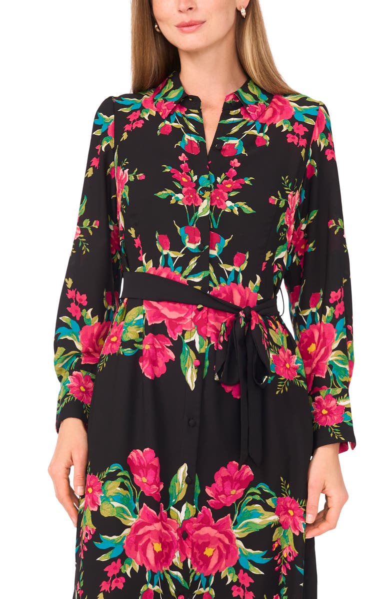 Vince Camuto Floral Print Tie Belt Midi Shirtdress, Alternate, color, Wild Raspberry