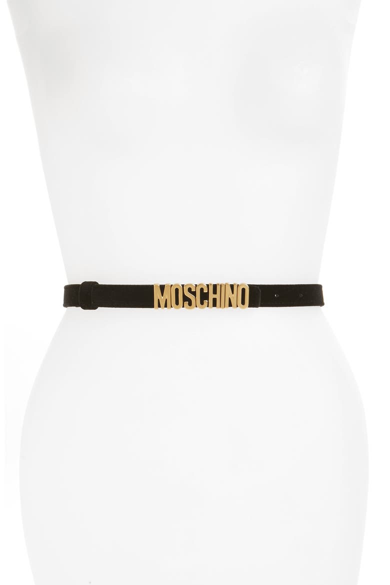 Logo Plate Skinny Velvet Belt, Main, color, BLACK WITH GOLD