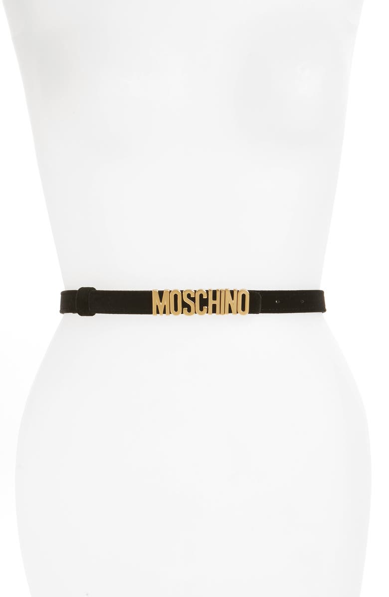 Moschino Logo Plate Skinny Velvet Belt, Main, color, 