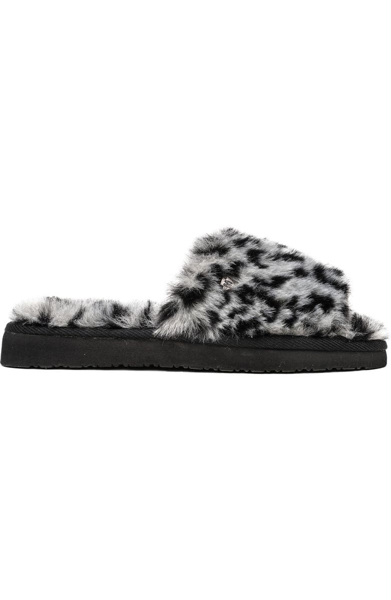 Minnetonka Faux Fur Slide Slipper, Alternate, color, Grey Leopard Print