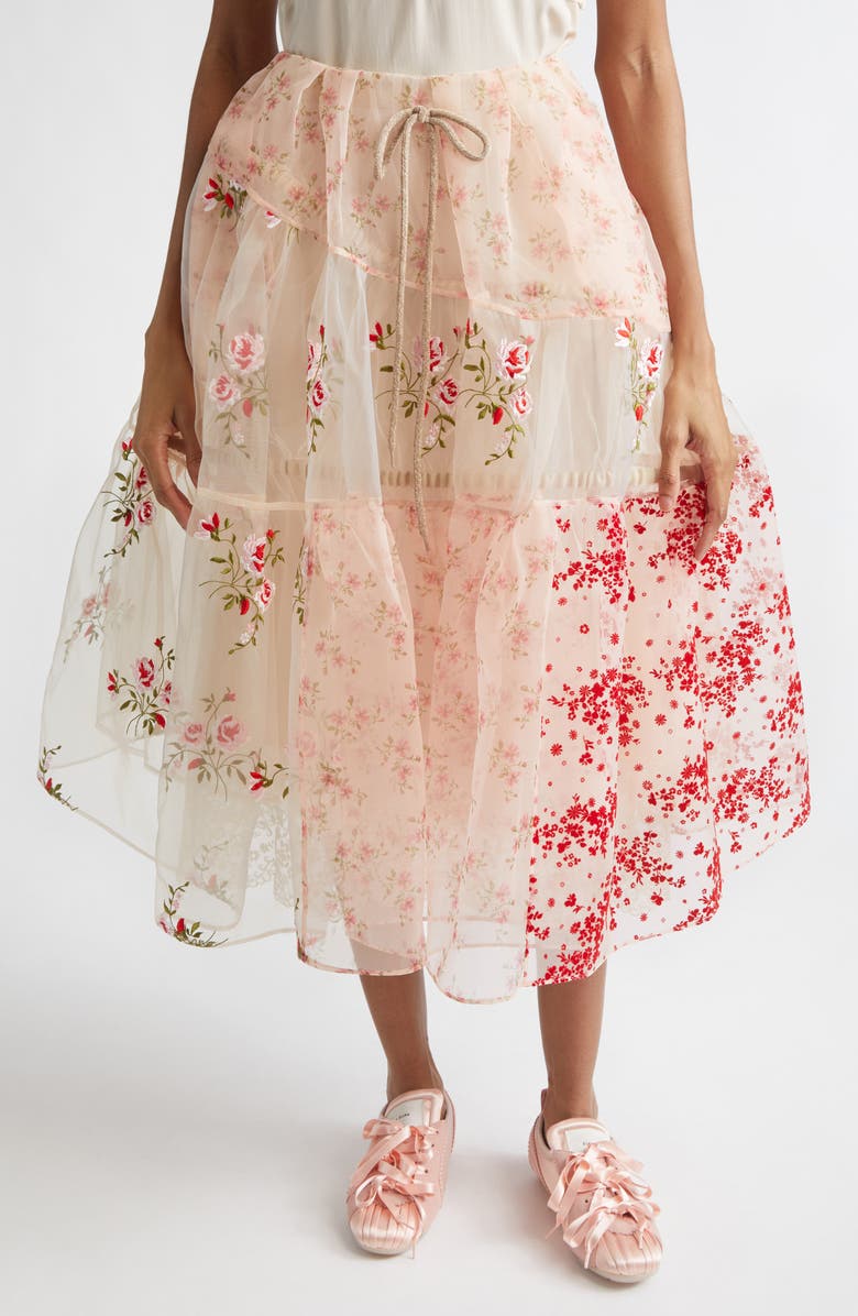 Simone Rocha Patchwork Floral Sheer Organza Midi Skirt, Main, color, Beige Patchwork/ Taupe