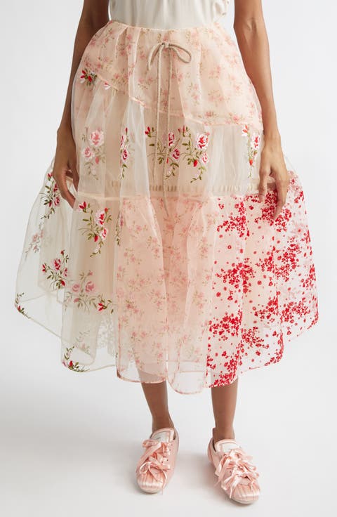 Patchwork Floral Sheer Organza Midi Skirt