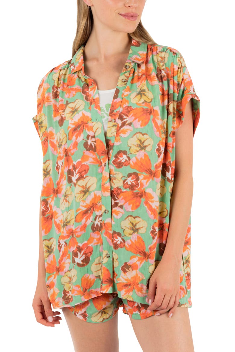 Ginko Clouds Floral Button-Up Shirt, Main, color, GINKO GREEN