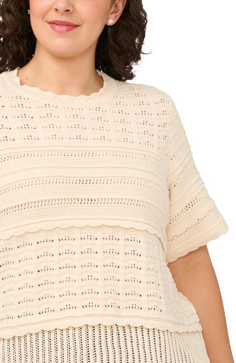 CeCe Multi Stitch Pointelle Knit Cotton Sweater, Alternate, color, White Swan