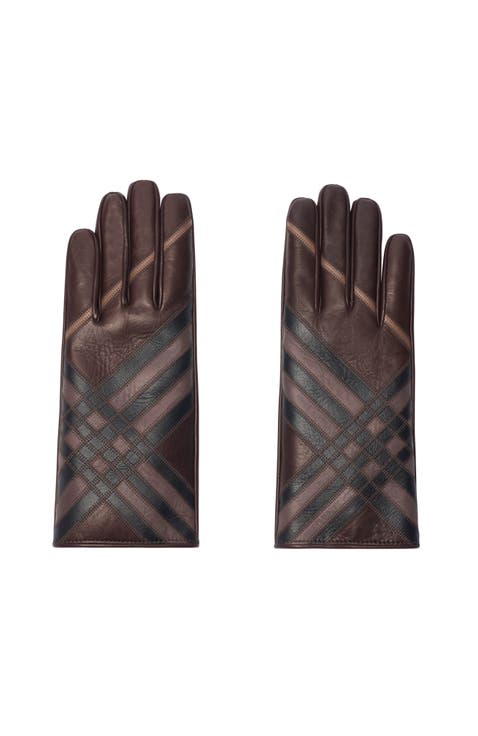 Check Intarsia Leather Gloves