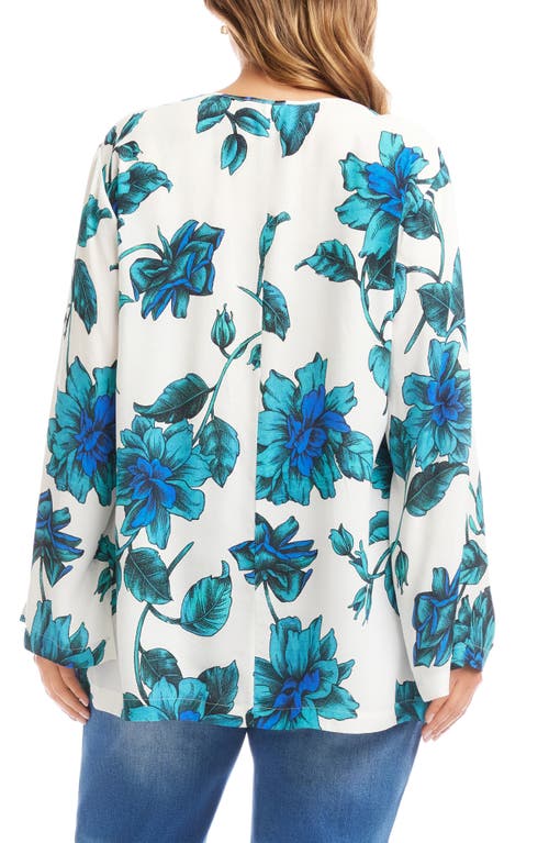 Karen Kane Floral Tie Neck Side Slit Tunic In Blue