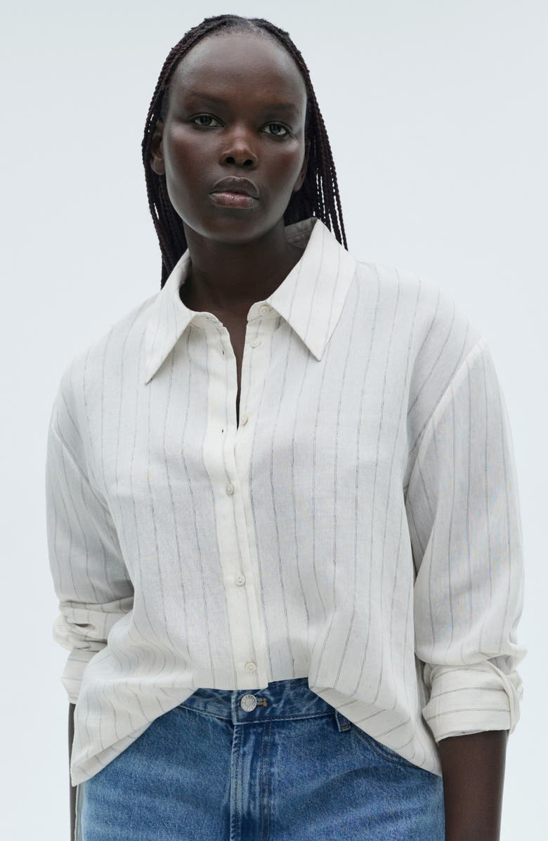 MANGO Stripe Button-Up Shirt, Alternate, color, Ecru