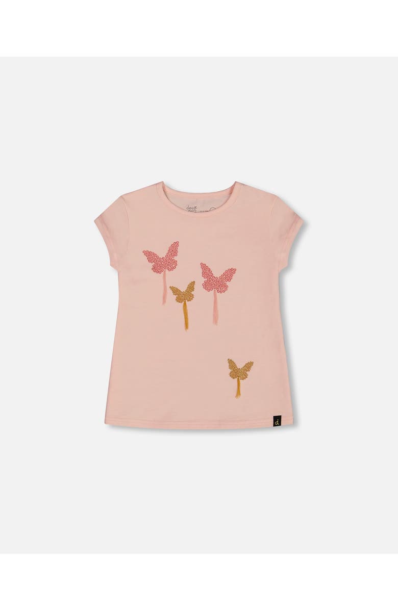 Deux par Deux Girl's Organic Cotton Top With Applique Pink With Sparkling Butterfly, Main, color, 