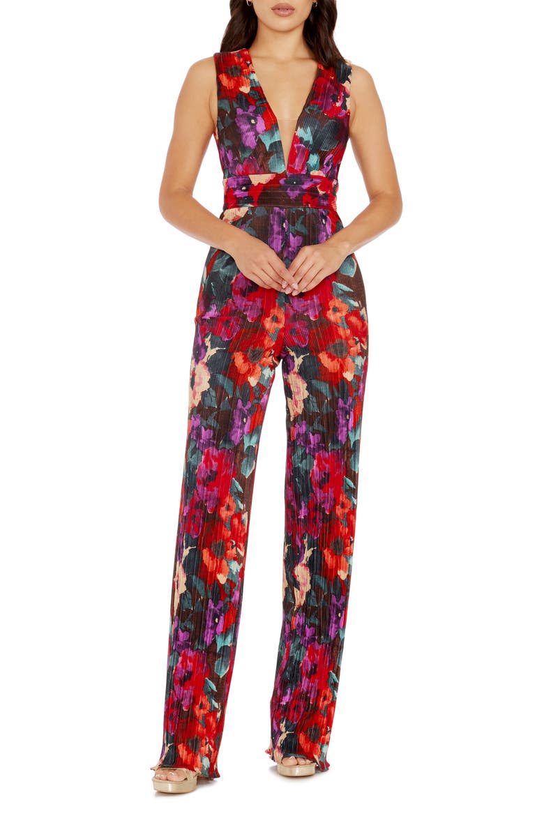 Hunter Floral Print Plissé Sleeveless Jumpsuit, Main, color, ROUGE MULTI