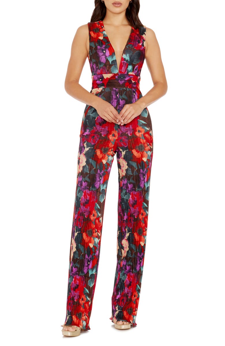 Dress the Population Hunter Floral Print Plissé Sleeveless Jumpsuit, Main, color, Rouge Multi