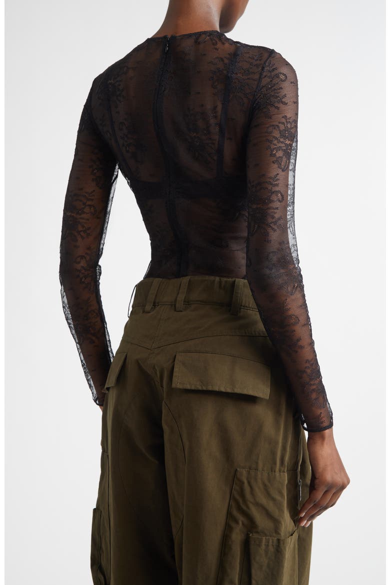 Long Sleeve Sheer Floral Lace Bodysuit, Alternate, color, NERO