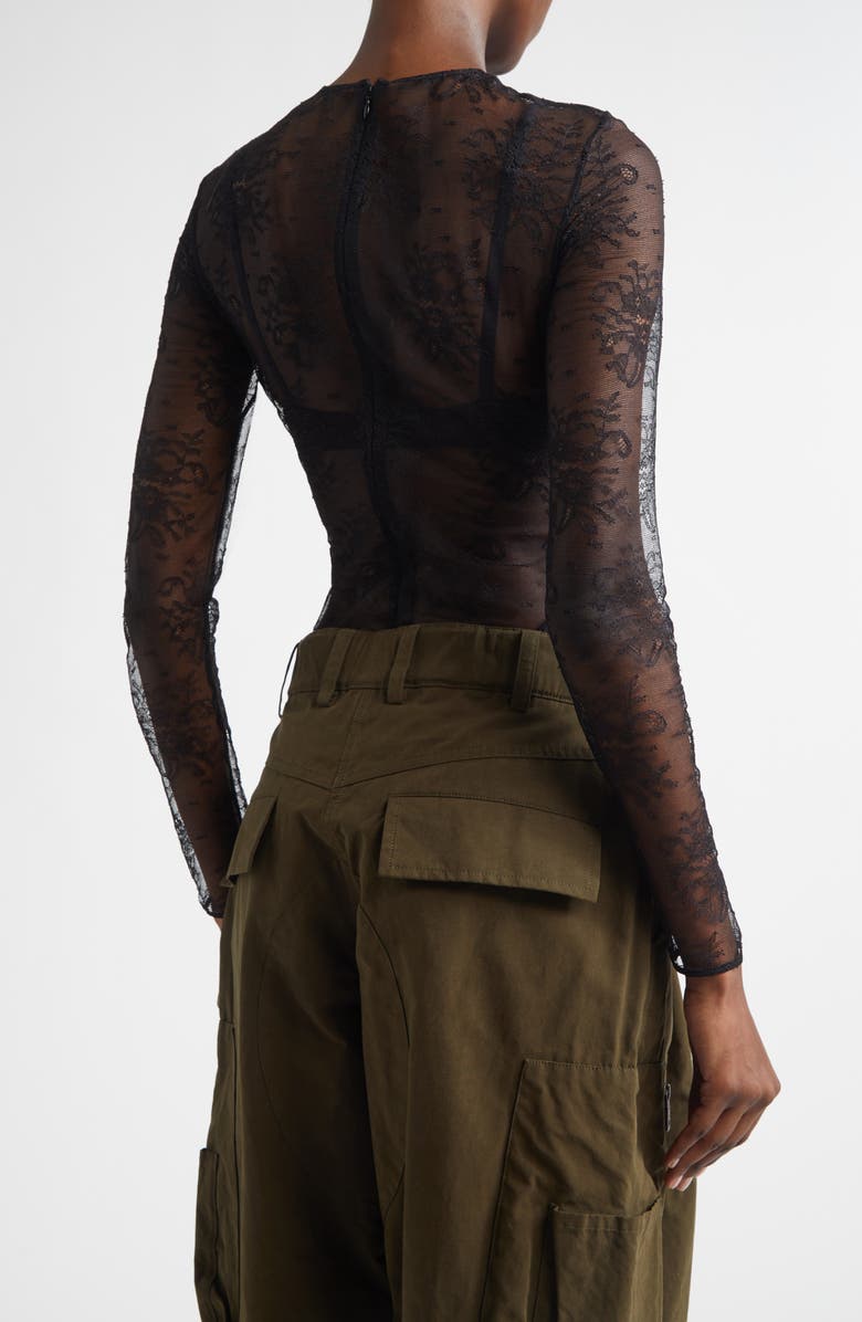 Dolce&Gabbana Long Sleeve Sheer Floral Lace Bodysuit, Alternate, color, Nero