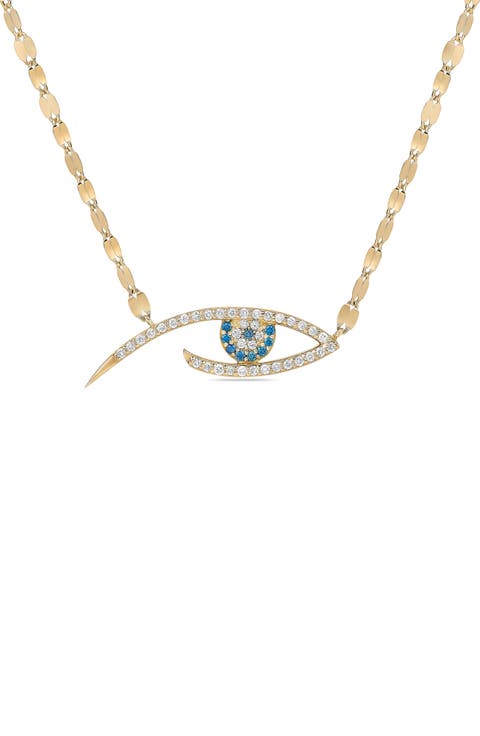 14k Gold Blue and White Diamond Evil Eye Pendant Necklace