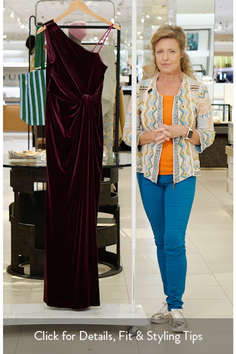 One Shoulder Stretch Velvet Twist Knot Draped Gown video