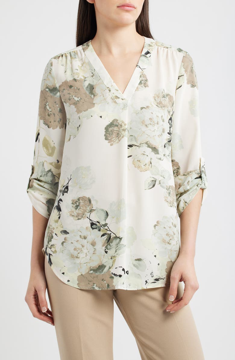AK ANNE KLEIN Floral Popover Top, Main, color, Soft Aloe Multi