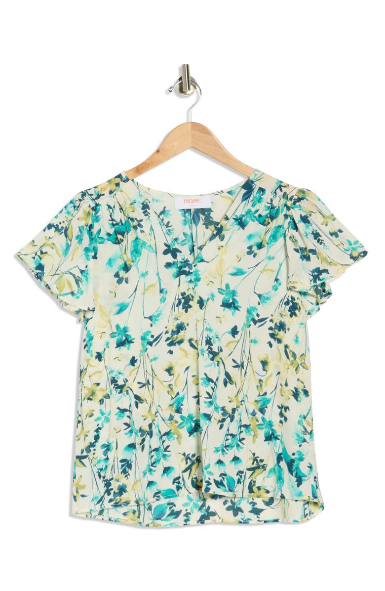 Renee C Floral Flutter Sleeve Top, Main, color, Green