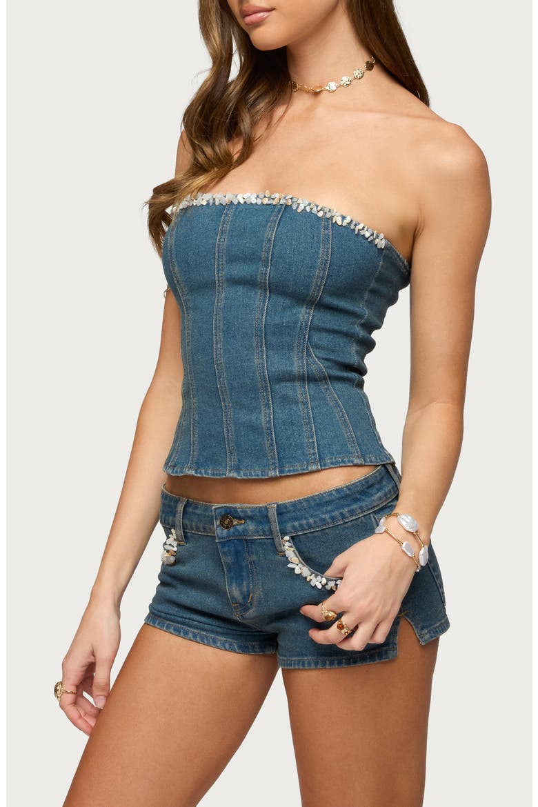 Zenna Beaded Strapless Denim Corset Top, Alternate, color, BLUE-WASHED
