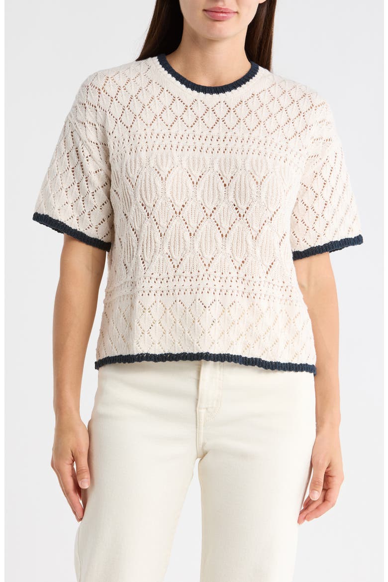 Honore Tipped Short Sleeve Cotton Sweater, Main, color, NAVY BLUE/ MOONSTONE