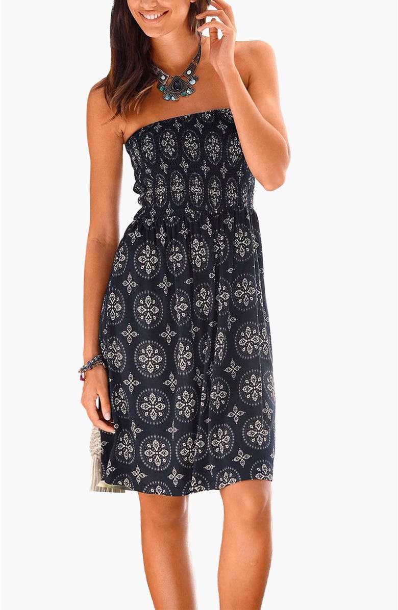 LASCANA Women's Patterned Bandeau Dress, Main, color, Black Printed