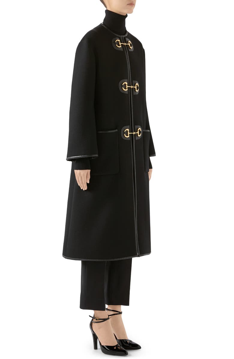 Gucci Horsebit Toggle Leather Trim Wool Blend Military Coat, Alternate, color, 
