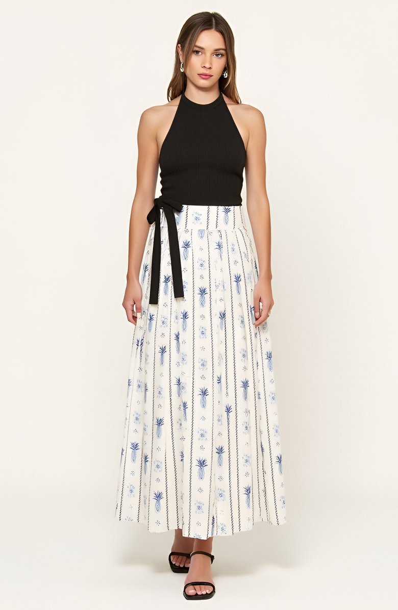 Modenaire Halter Rib-Knit Printed Pleated Side-Tie Maxi Dress, Main, color, 