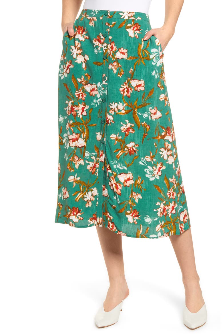 Floral Midi Skirt, Main, color, GREEN SPANISH IVY