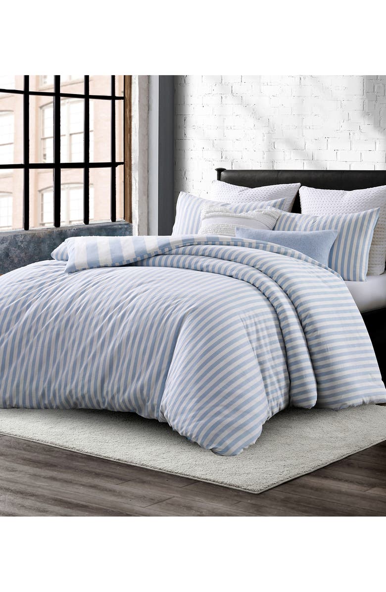 DKNY Reversible Vintage Stripe Washed Cotton Duvet Cover & Sham Set, Alternate, color, Blue