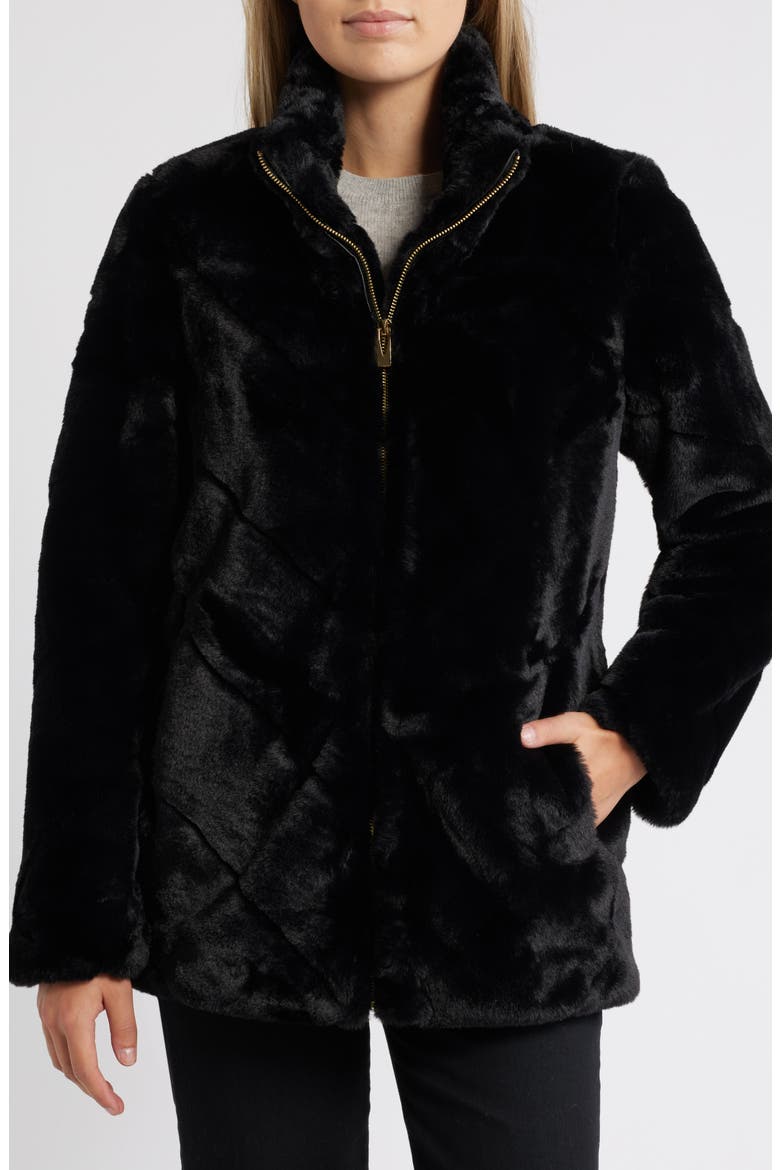 Chevron Faux Fur Jacket, Main, color, BLACK