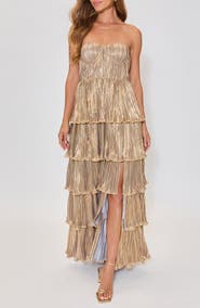 VICI Collection Gilded Age Metallic Plissé Tiered Strapless Gown