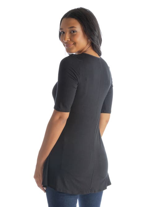 24seven Comfort Apparel Petite Elbow Sleeve Swing Crew Neck Tunic Top In Black