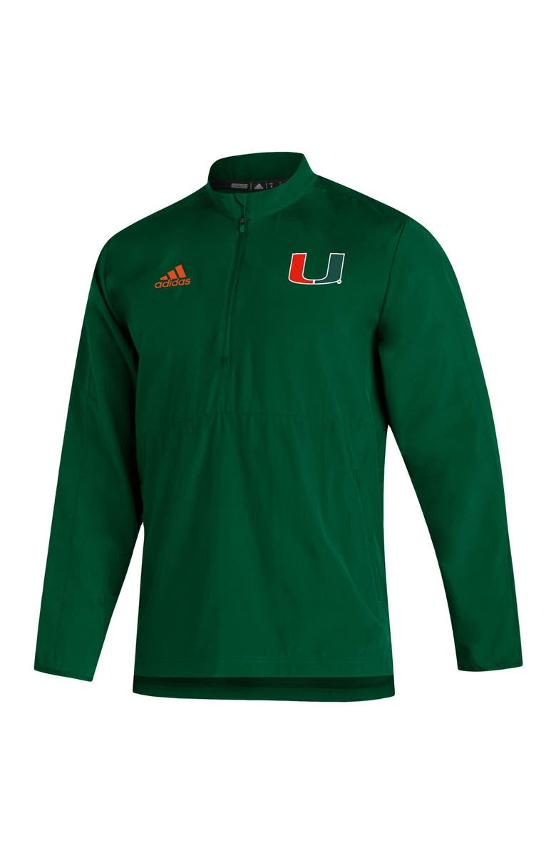 adidas Men's adidas Green Miami Hurricanes 2021 Sideline AEROREADY Quarter-Zip Jacket, Alternate, color,