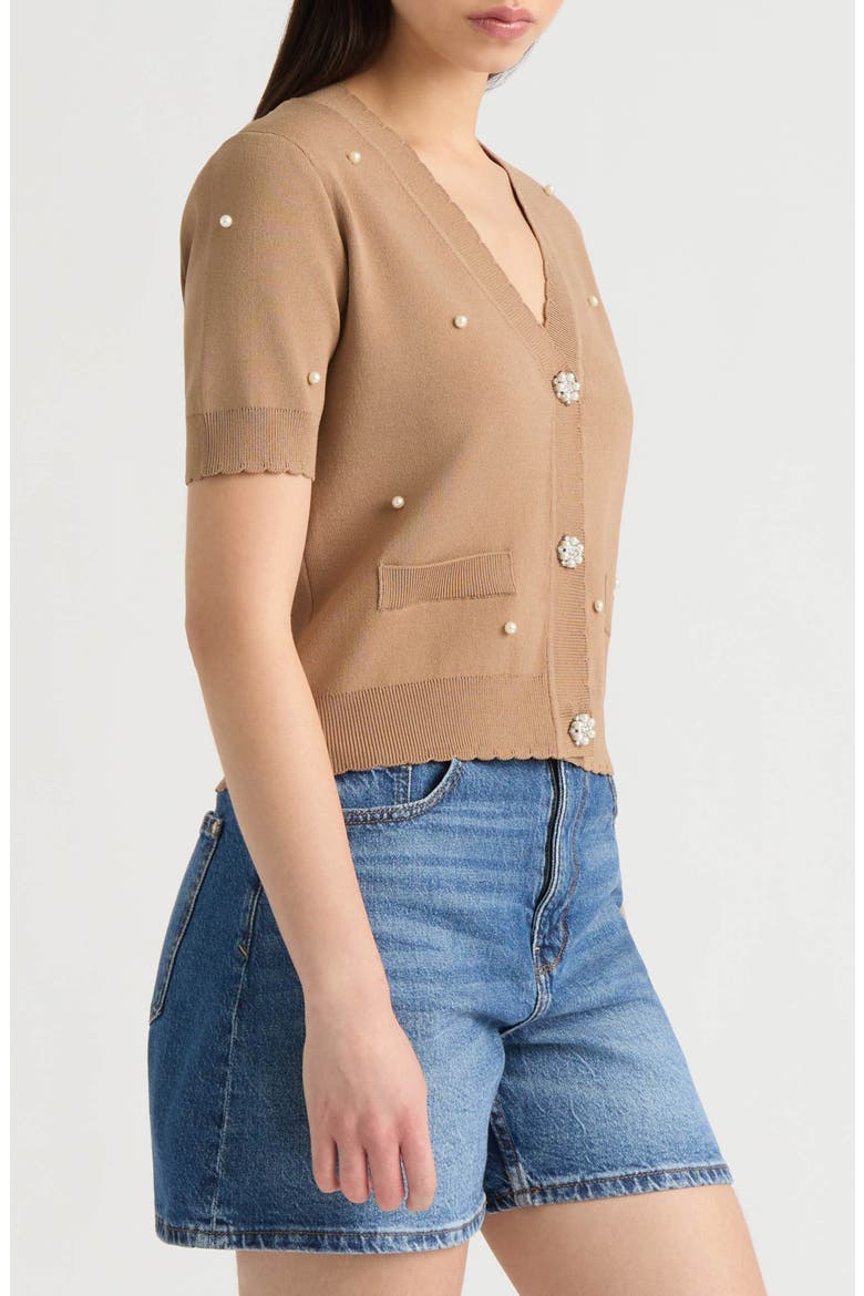 Faux Pearl Embellished Sweater Cardigan, Alternate, color, CAMEL