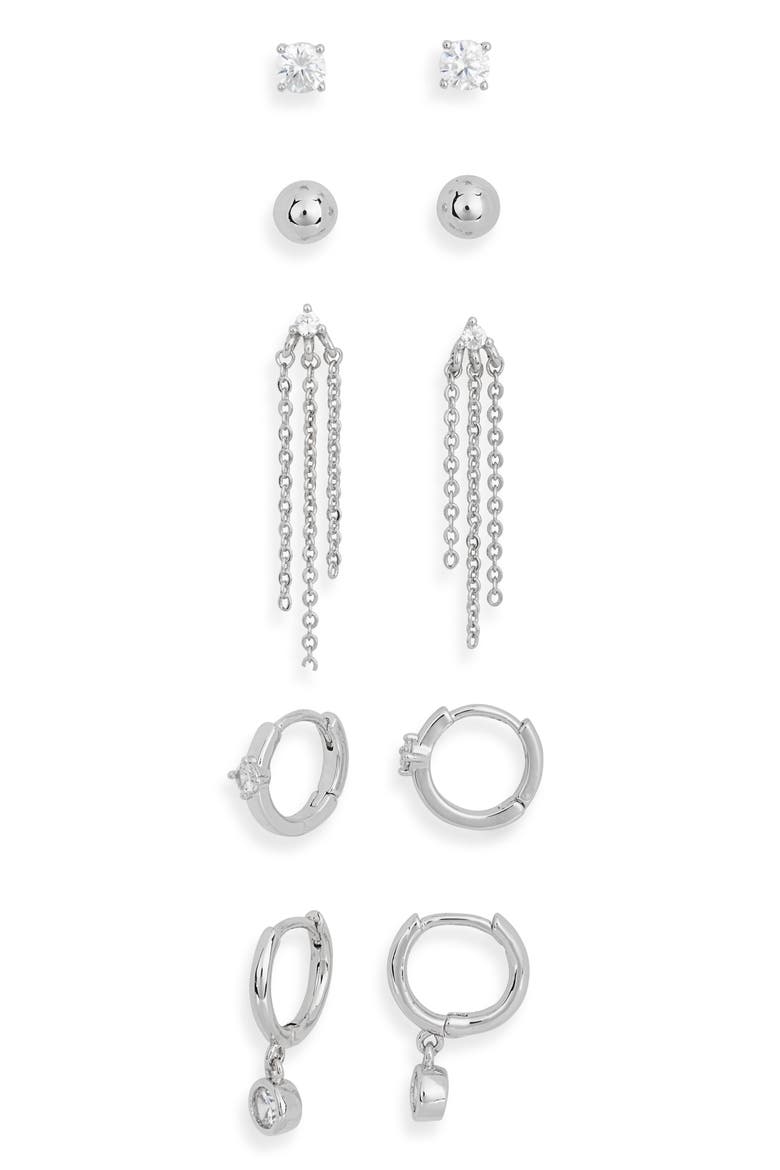 Demi-Fine 5-Pack Assorted Everyday Essential Earrings, Alternate, color, CLEAR- SILVER
