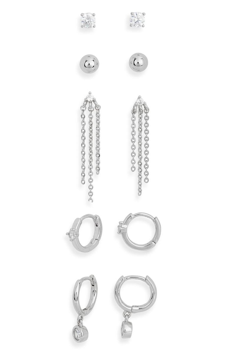 NORDSTROM RACK Demi-Fine 5-Pack Assorted Everyday Essential Earrings, Alternate, color, Clear- Silver