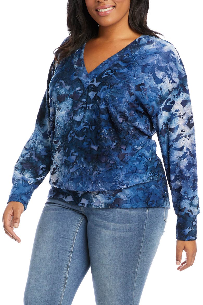 Tie Dye Burnout V-Neck Top, Alternate, color, NAVY