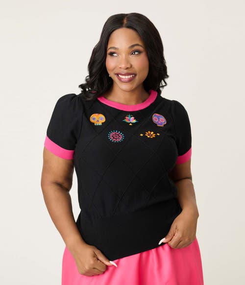 Unique Vintage Plus Size Embroidered Sweater In Black