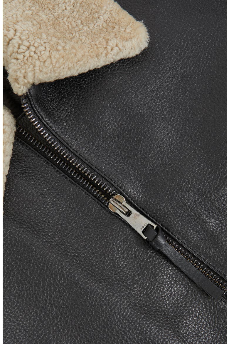Shaker Shearling Collar Leather Bomber Jacket, Alternate, color, BLACK