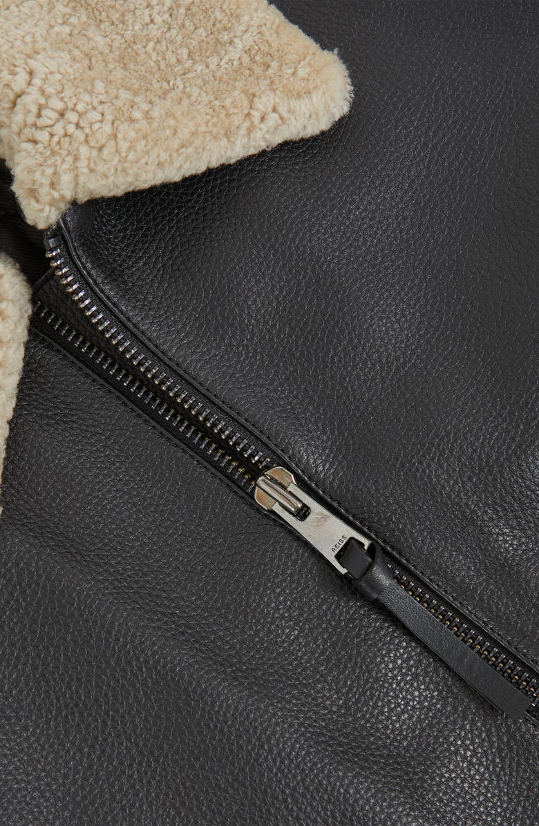 Reiss Shaker Shearling Collar Leather Bomber Jacket, Alternate, color, Black