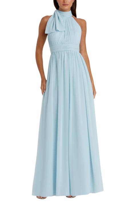 Elegant Chiffon Gown with Pleated Bodice & Tie-Neck Detail