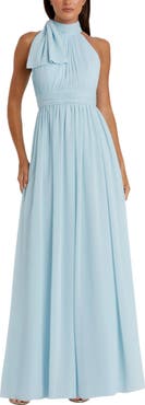Mac Duggal Elegant Chiffon Gown with Pleated Bodice & Tie-Neck Detail