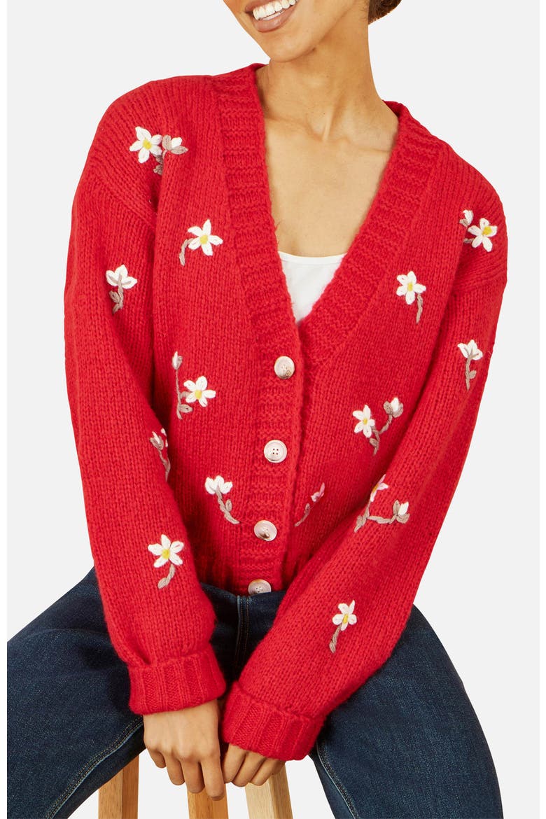 Hand Embroidered Chunky Knitted Cardigan, Alternate, color, Red