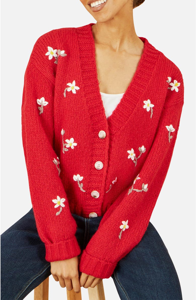 Yumi Hand Embroidered Chunky Knitted Cardigan, Alternate, color, Red