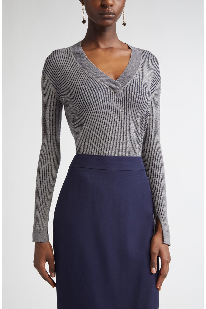 Vanis Fine Gauge Cable Stitch V-Neck Sweater, Main, color, TAUPE/ NAVY