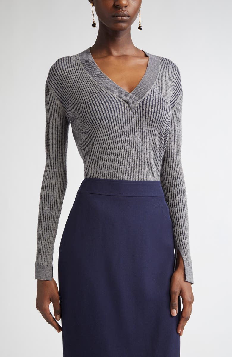 ST. JOHN Vanis Fine Gauge Cable Stitch V-Neck Sweater, Main, color, Taupe/ Navy