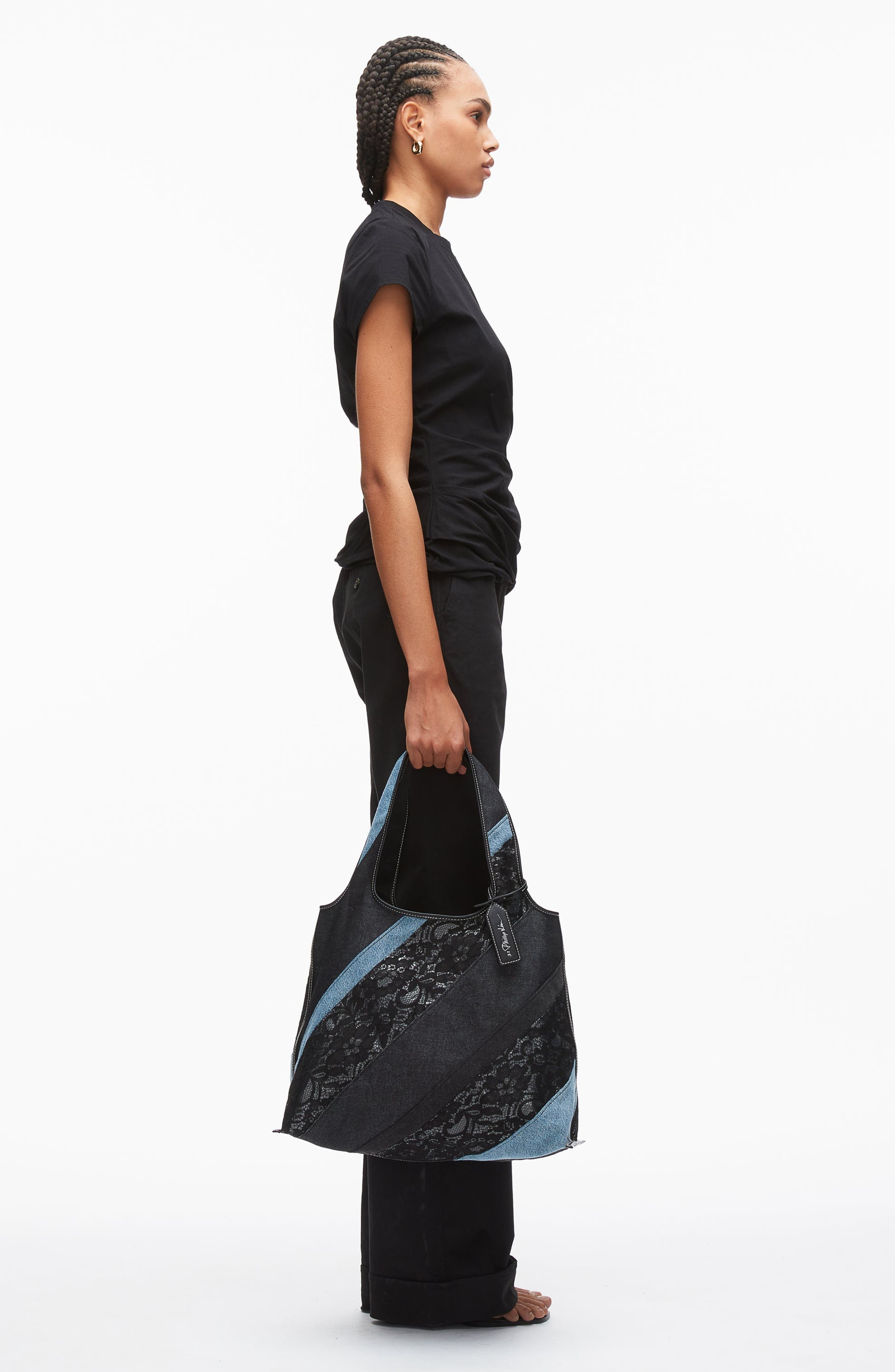 Lace Patchwork Denim Market Tote, Alternate, color, Black Multi